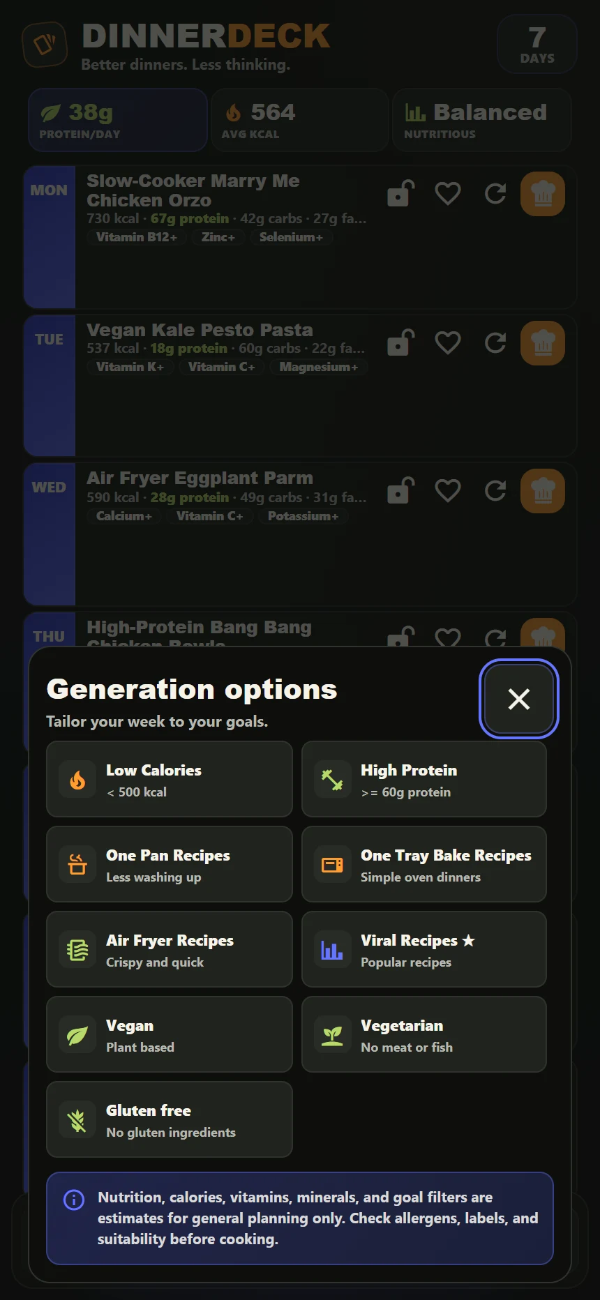 DinnerDeck app showing its recipe generation filters