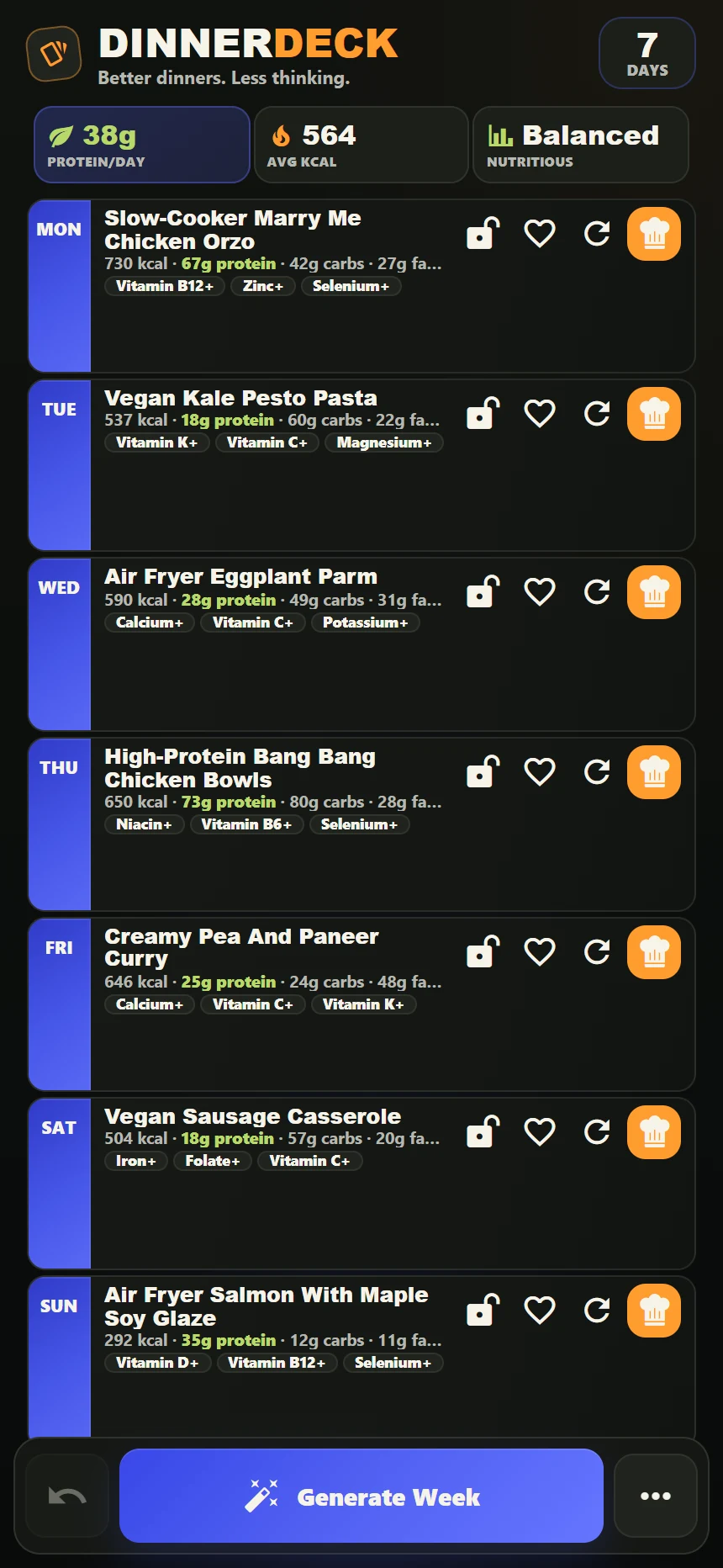DinnerDeck app displaying seven dinner choices in a weekly plan