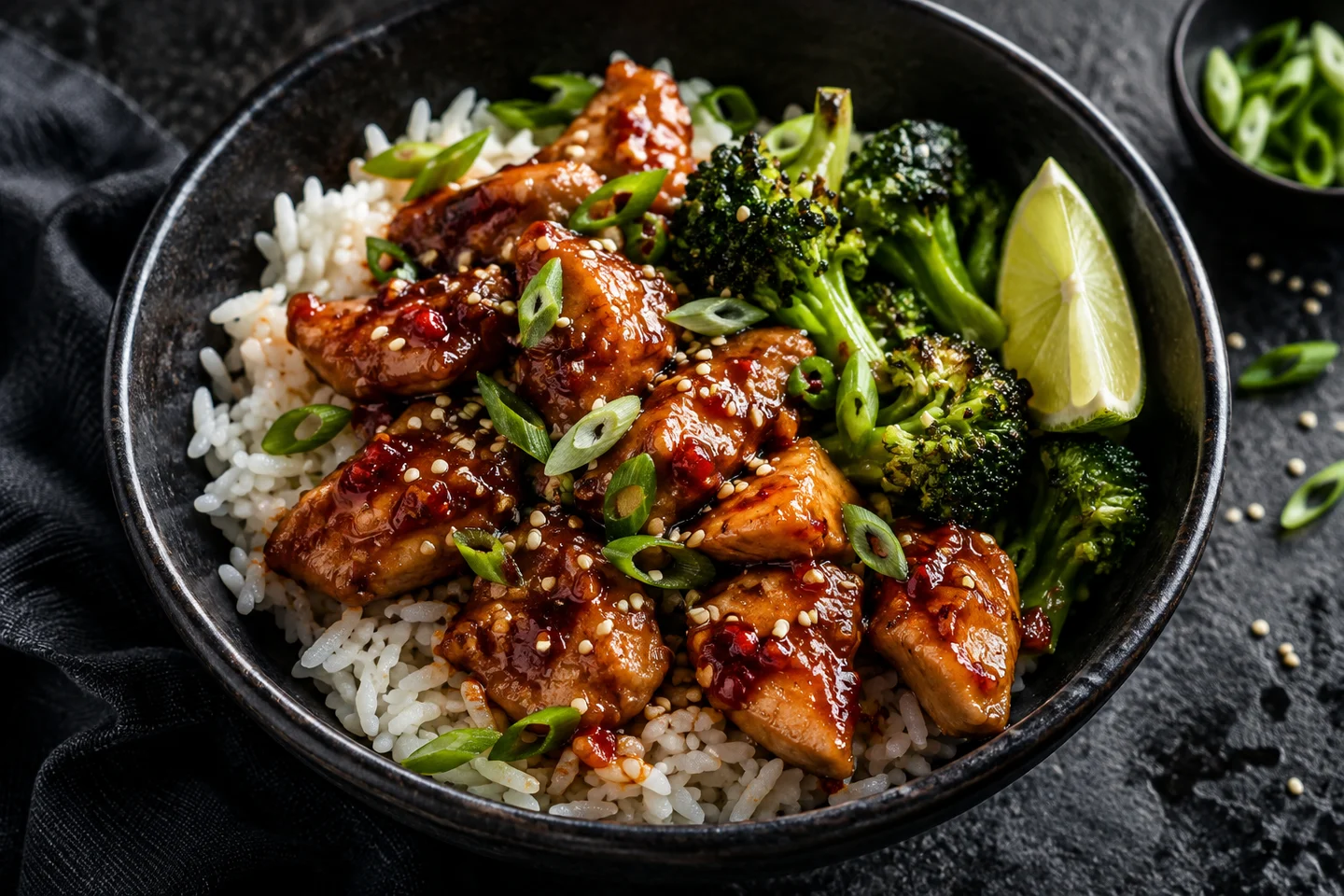 A bowl of glazed chicken, rice, broccoli and lime