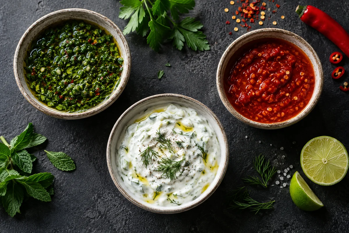 Three bowls of vibrant green, creamy white and red sauces